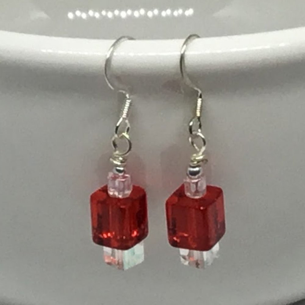 Reddish Orange Glass Cube Earrings
